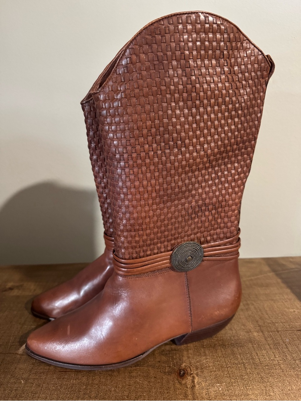 AJ Valenci Women's Woven Leather Mid-Calf Boots - Brown